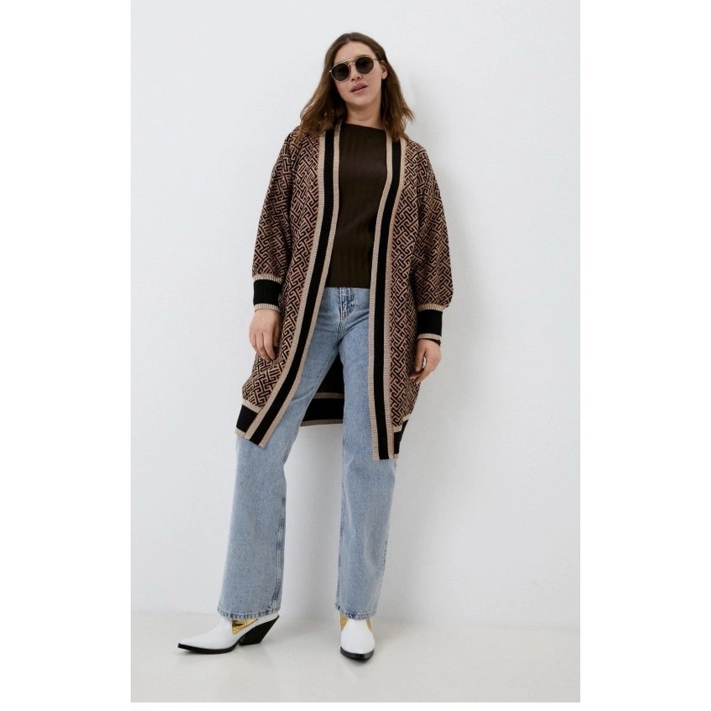 River Island Sweater Womens Size M Brown Geo Pattern Open Front Cardigan Elegant